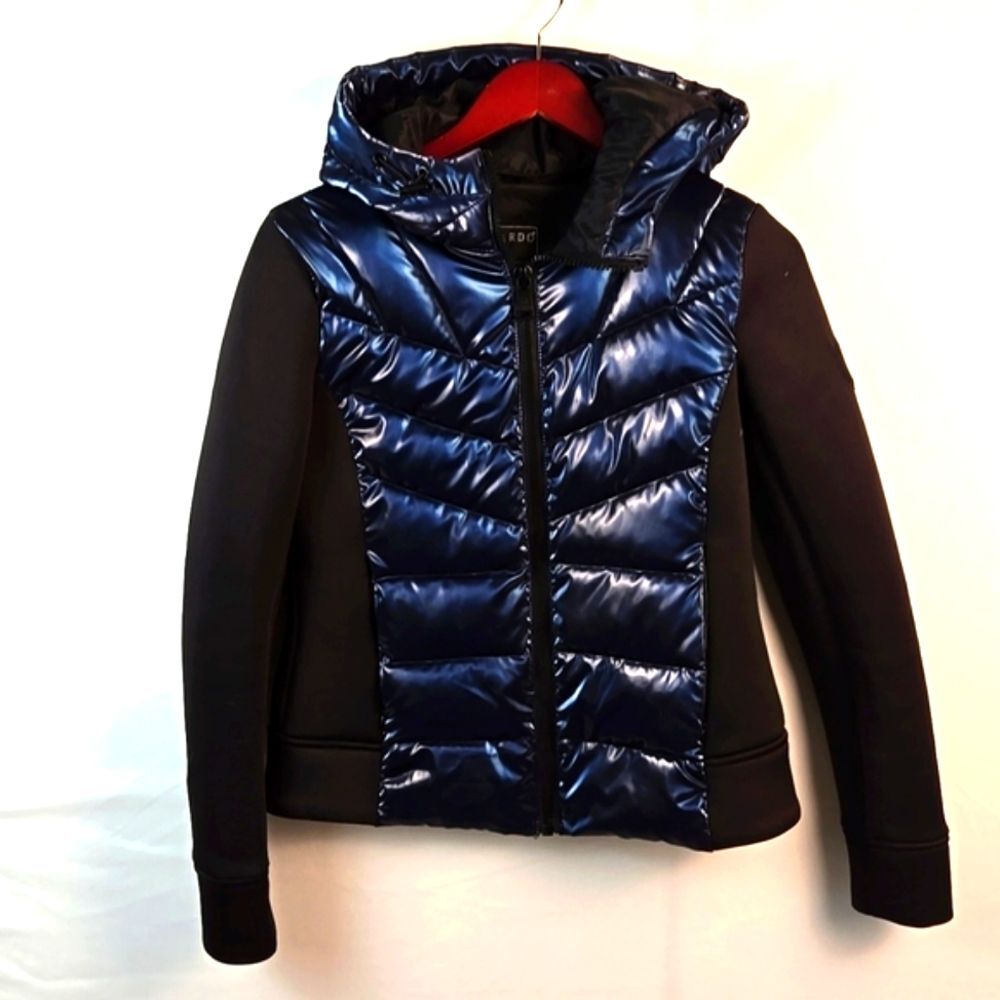 Bernardo Women's Insulated Hooded‎ Zip-Up Black & Blue Puffer Jacket Sz S - Picture 2 of 9